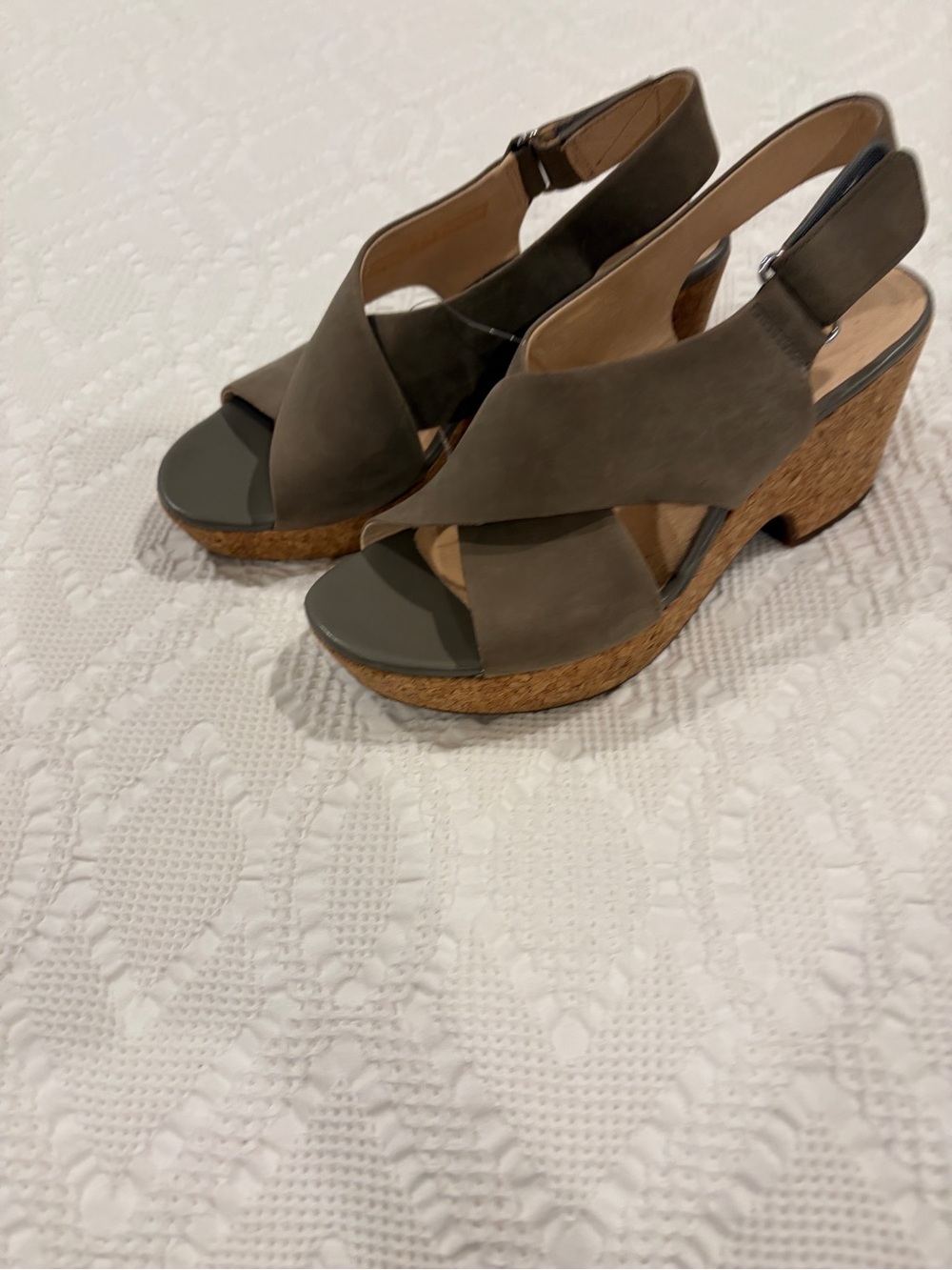 Clarks Olive Taupe Cork Wedge Sandals